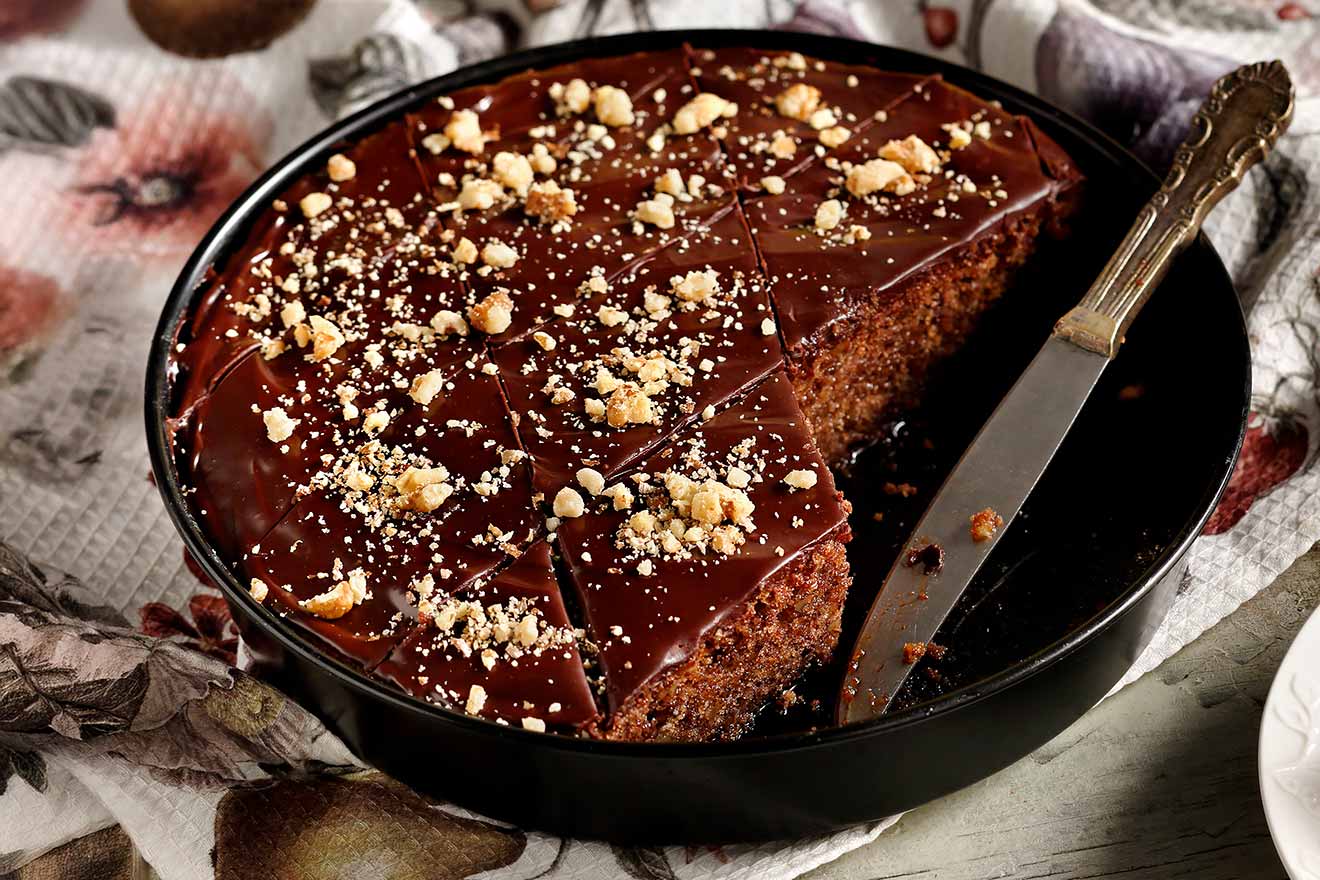 Karidopita (Walnut cake) with chocolate