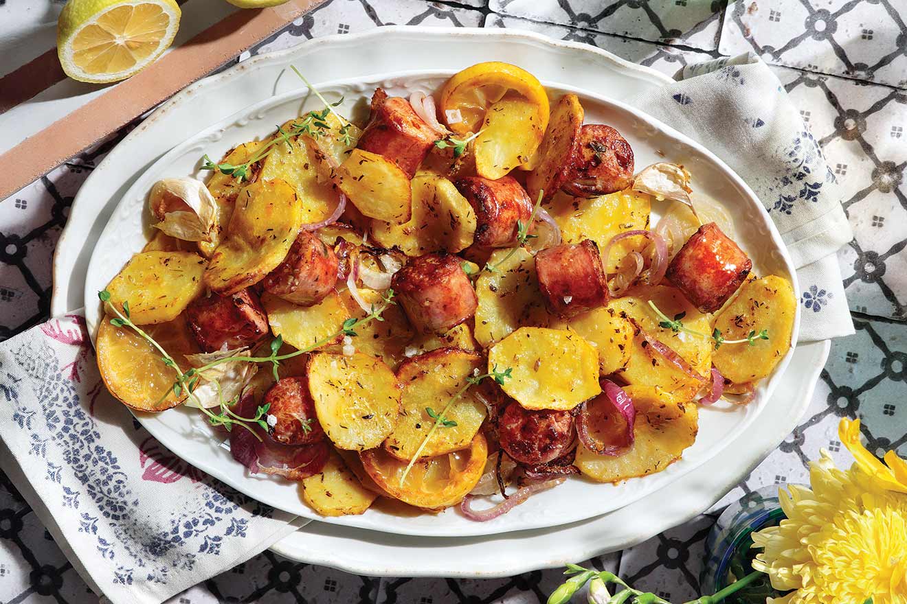 Sausage and potatoes in the oven